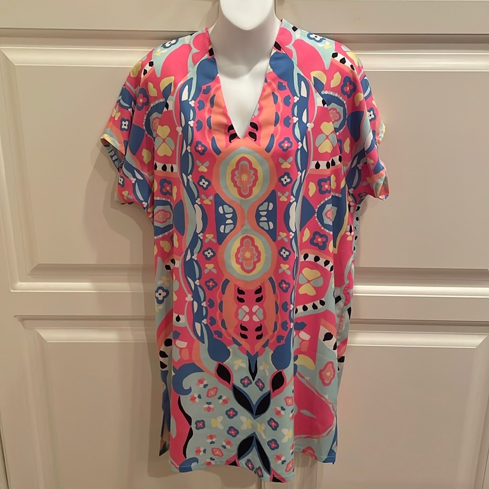 Britt Ryan colorful printed Vneck shift dress sz L